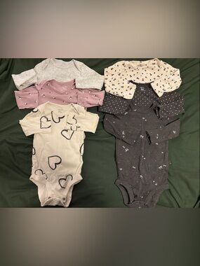 Carter's Neutral & Pink Printed Long Sleeve Bodysuits - Hearts & Dots Set